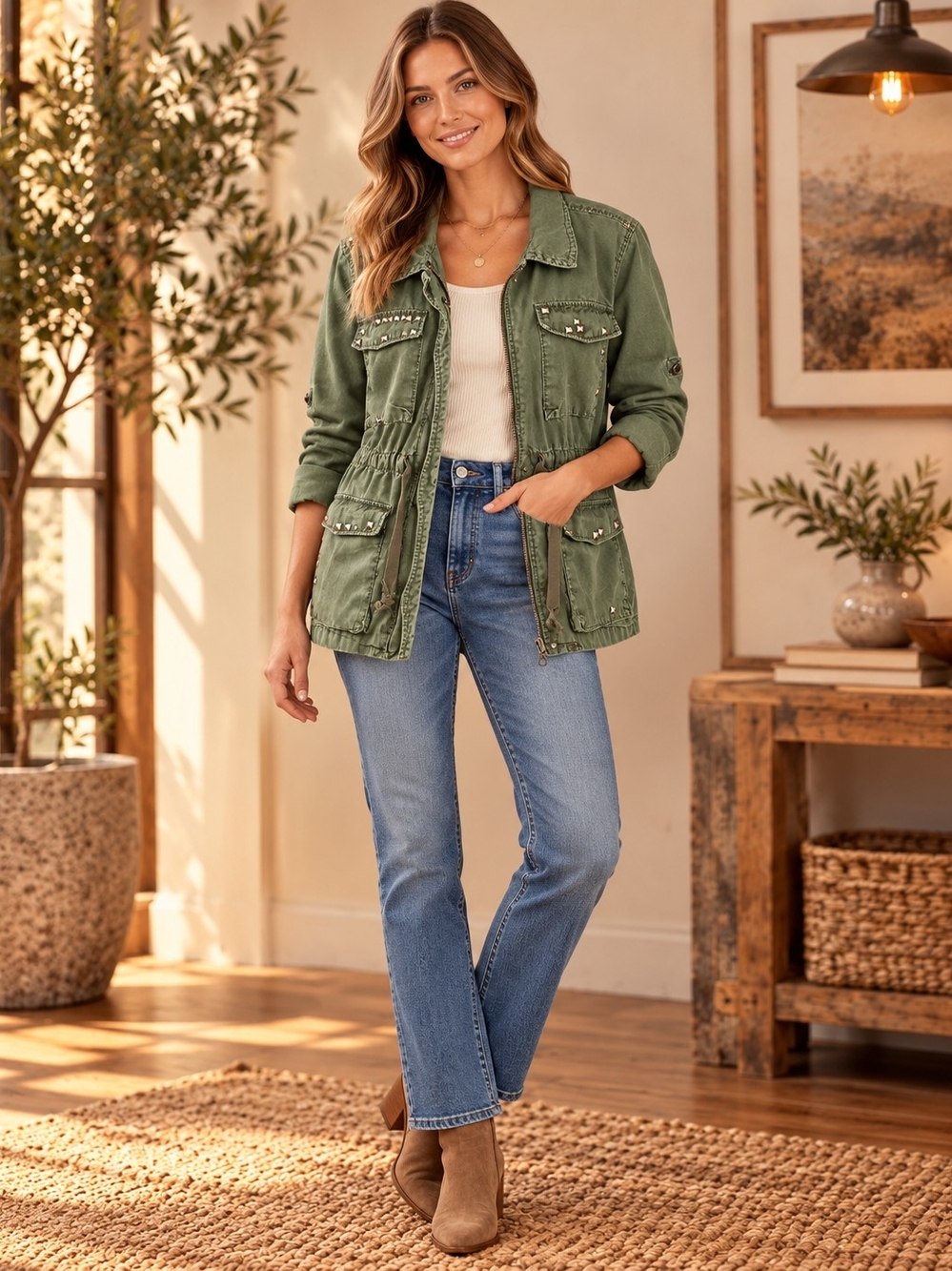 Calvin Klein Jeans Women's Studded Military Utility Cargo Jacket Olive Green XL